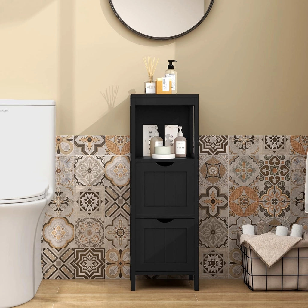 Mobile da Bagno, Mobile da Terra con 2 Cassetti e Vano Aperto, con Design Antiribaltamento, per Bagno, Camera da Letto, Salotto e Cucina, 30 x 30 x 90 cm (Modello 2)