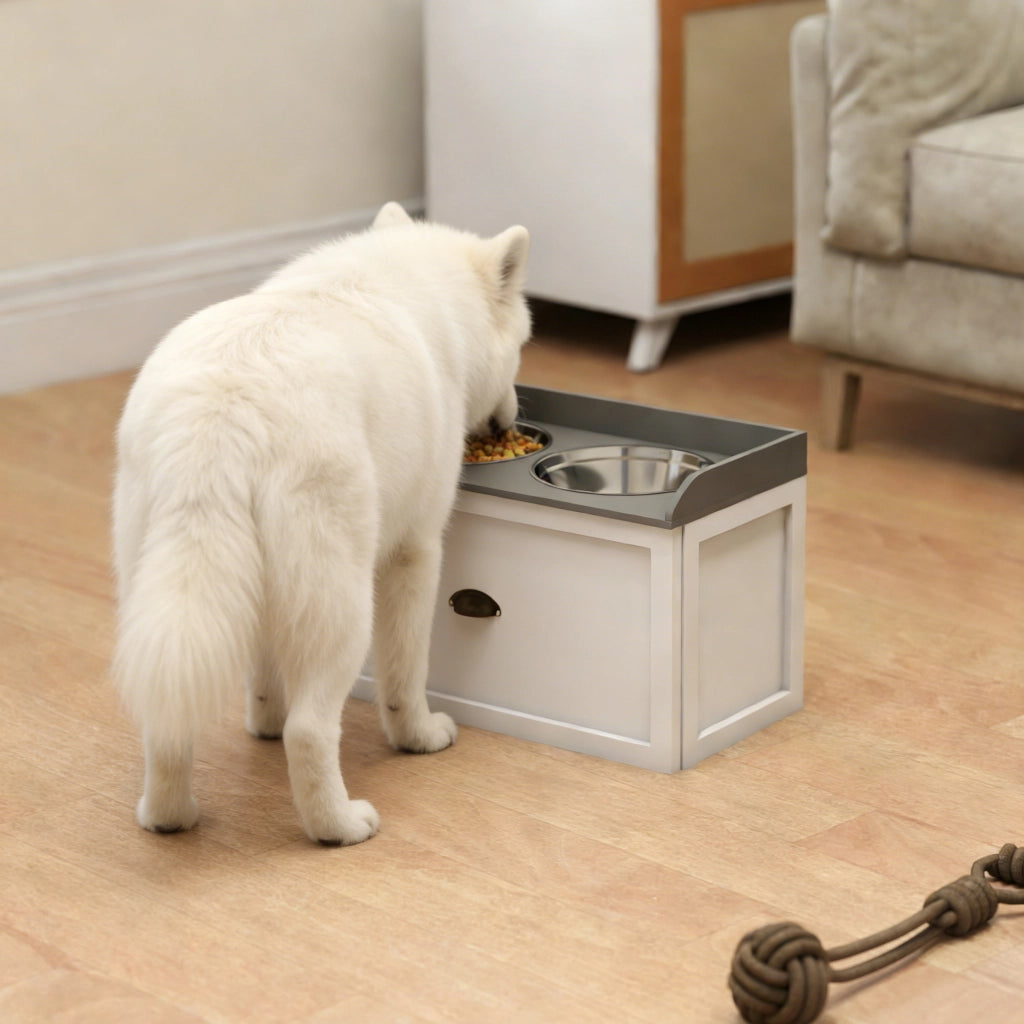 Ciotola Elevata per Cani e Gatti 2 in 1 ¨C zephmum ¨C Bianco Grigio, MDF, Acciaio Inox