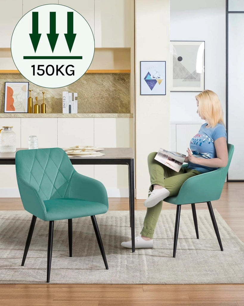 Set di 4 Sedie per Sala da Pranzo Imbottita, Poltroncina in Velluto,Sedia da Cucina con Braccioli e Schienale, Gambe in Metallo, Azzurro, BH352ts-4