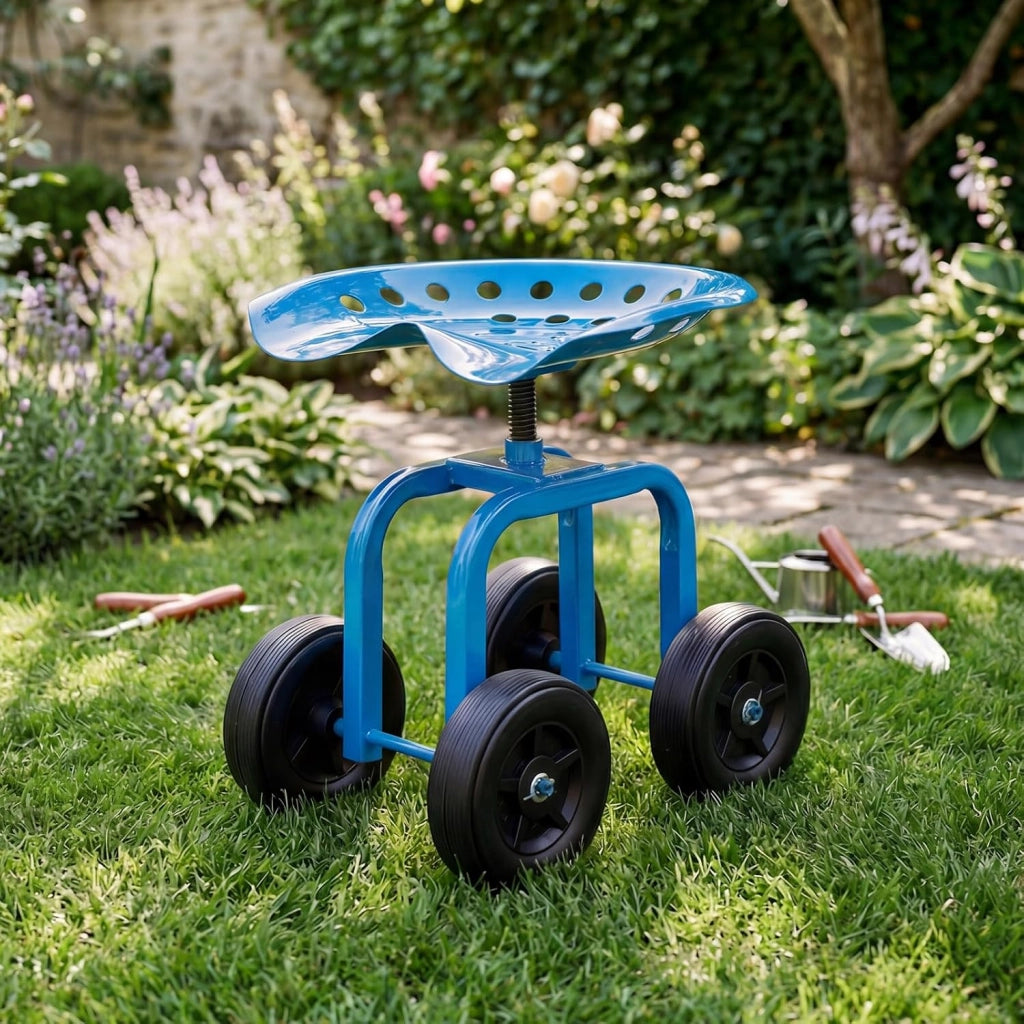 Sgabello con Ruote per Giardinaggio, Sedile con Ruote Regolabile in Altezza e Portatile, Seggiolino da Giardino, Prato e Cortile, Portata 150kg (Blu)