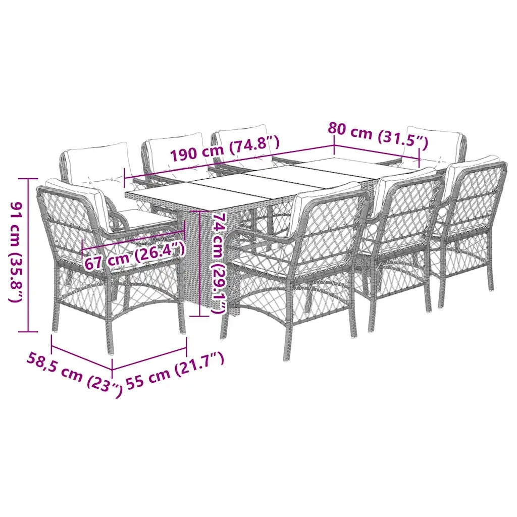 Set da Pranzo da Giardino 9 pz con Cuscini Nero in Polyrattan