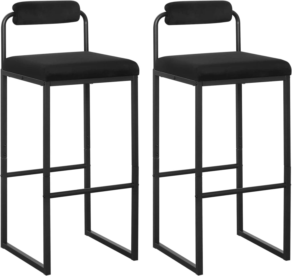 2x Sgabelli da Bar con Poggiapiedi, Sedie Alte con Schienale, Design Moderno, Sgabelli da Cucina Imbottiti in Velluto e Metallo, Nero BH343sz-2