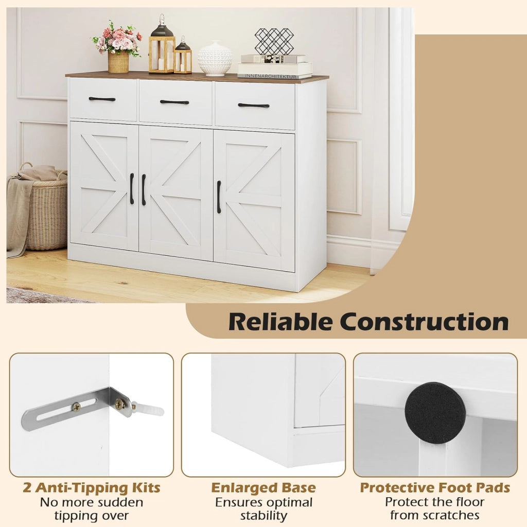 Credenza 3 ante e 3 cassetti, credenza con ripiani interni regolabili, kit antiribaltamento, stile fienile, 108 x 38 x 81 cm, armadio portaoggetti per cucina, sala da pranzo