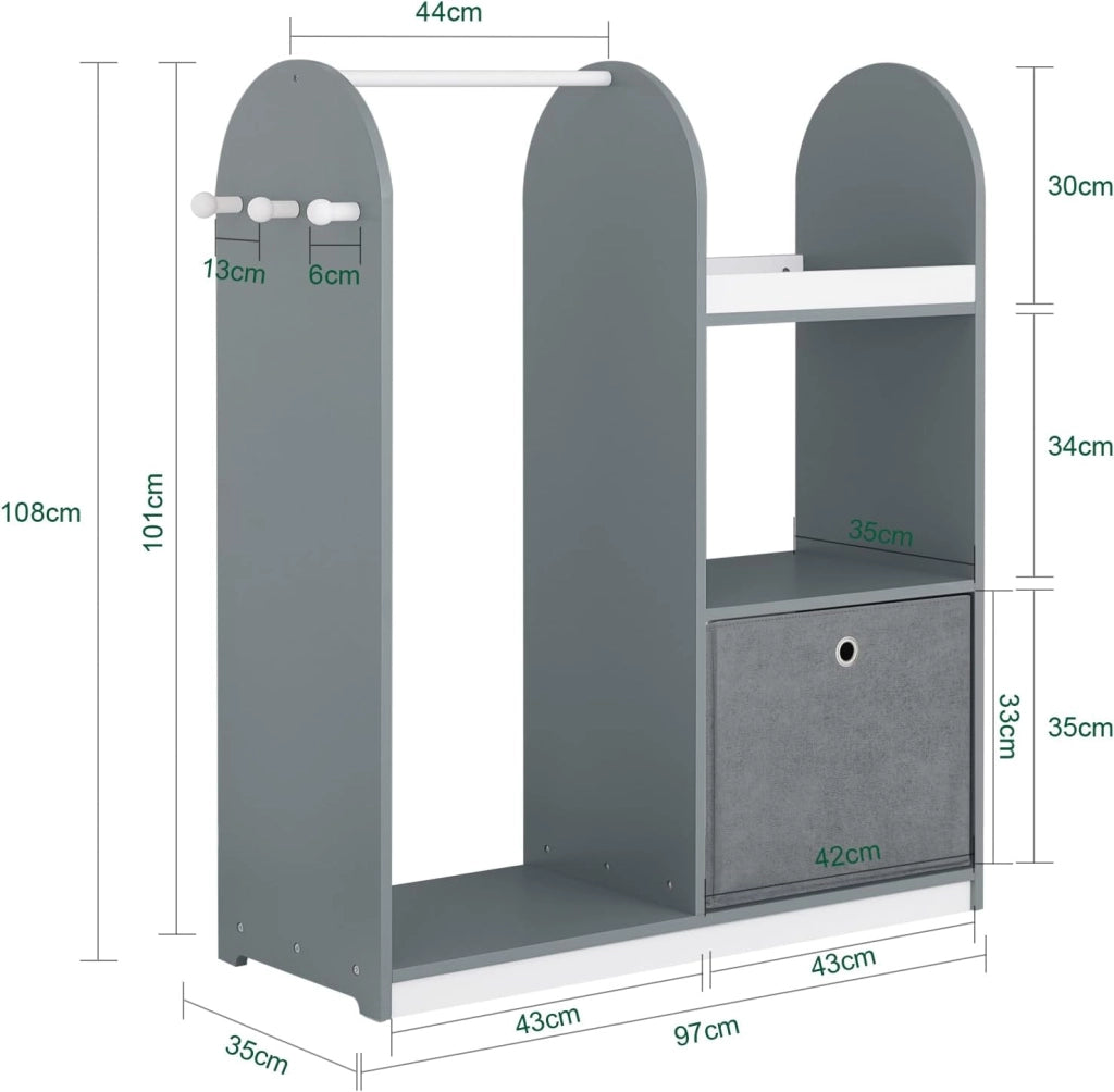 Armadio Cameretta Armadio Bambini con 3 Scomparti, Contenitore Tessuto e 3 Ganci Laterali Guardaroba con Appendiabiti per Bambini Grigio 97x35x108 KMB40-HG