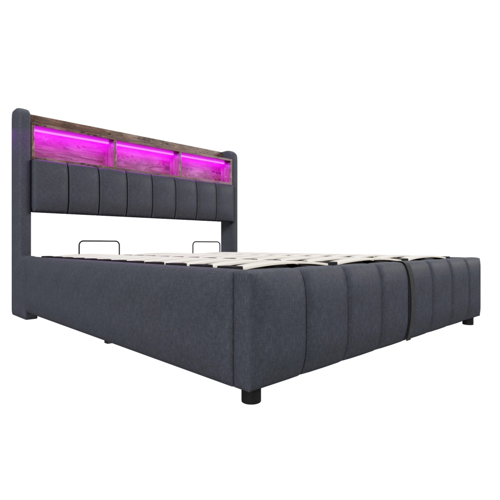 DESMIU Letto imbottito 180 × 200 cm 2 posti con LED, USB e Type-C, contenitore idraulico, senza materasso, lino grigio