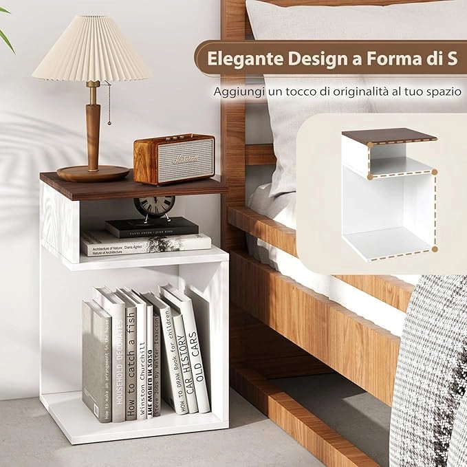 Tavolino Laterale da Salotto a Forma di S per Piccoli Spazi, Tavolino per Divano con 2 Scomparti Aperti, Comodino Moderno per Soggiorno, Camera da Letto e Studio, Bianco (1,Noce e Bianco)