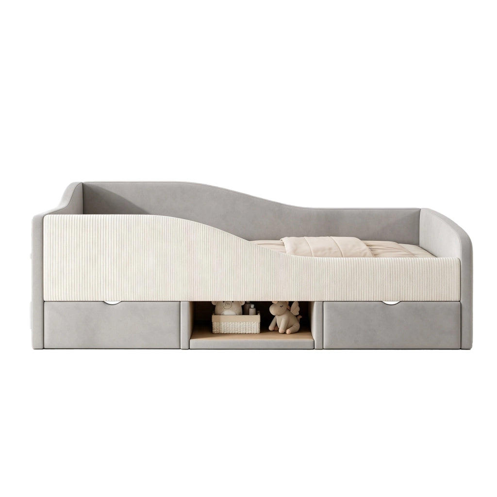 Letto per bambini 90 × 190 cm con barriere di sicurezza, 2 cassetti, vano aperto e porta scarpe, senza materasso, grigio