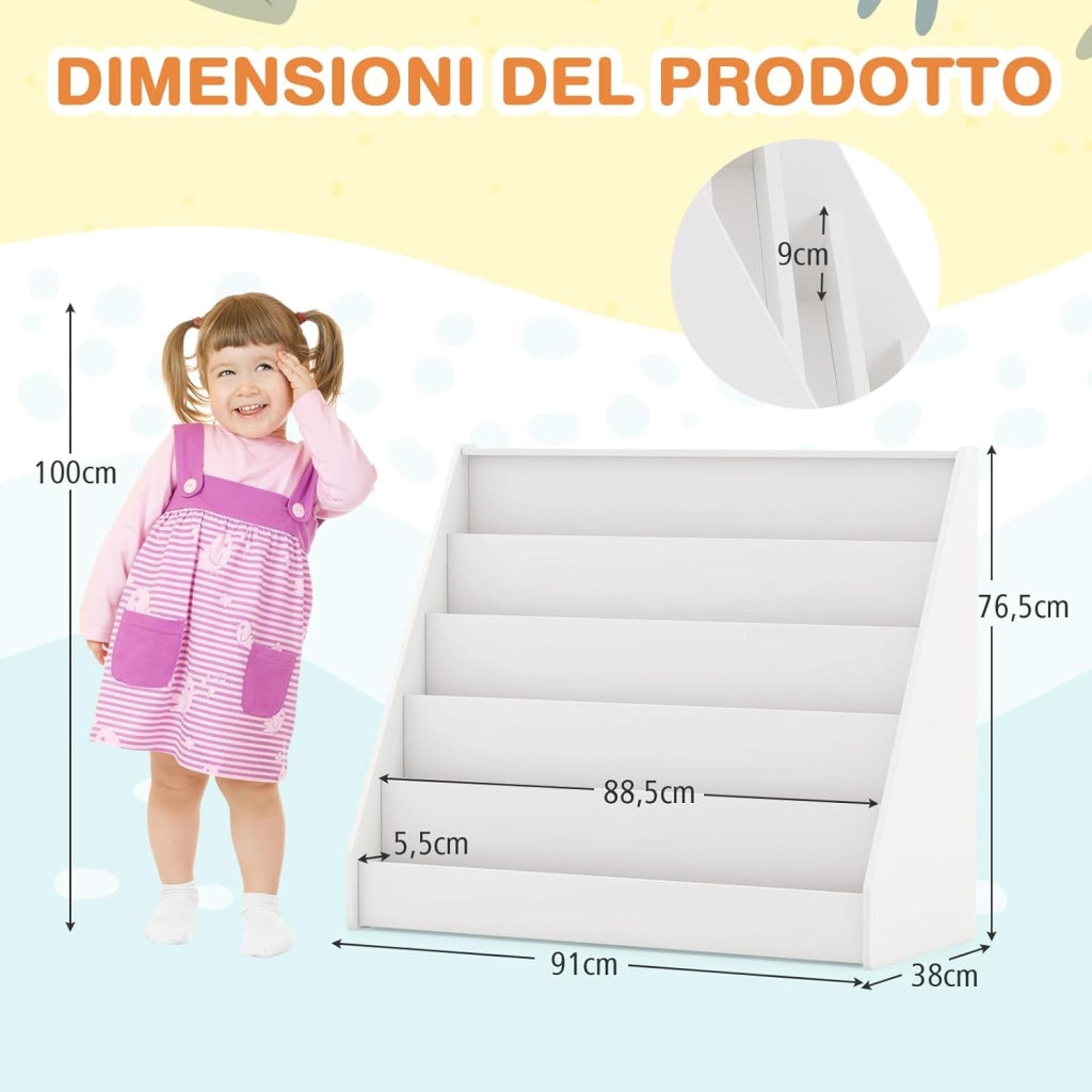 Libreria Montessoriana per Bambini a 5 Livelli, Scaffali Espositivi con Spazio Nascosto sul Retro e Antiribaltamento, per Cameretta, Soggiorno e Asilo Nido, 91 x 38 x 76,5 cm (Bianco)