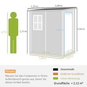 Casetta da giardino in alluminio e plastica 122x149x192/177 cm, grigia, con porta e finestra