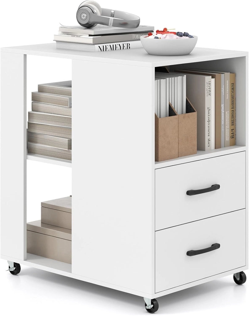 Tavolino Laterale Mobile con Stazione di Ricarica, Comodino con Cassetti, Ripiani e Ruote Bloccabili, Tavolino Moderno per Camera da Letto, Ufficio e Soggiorno, 60 x 40 x 65,5 cm (Bianco)