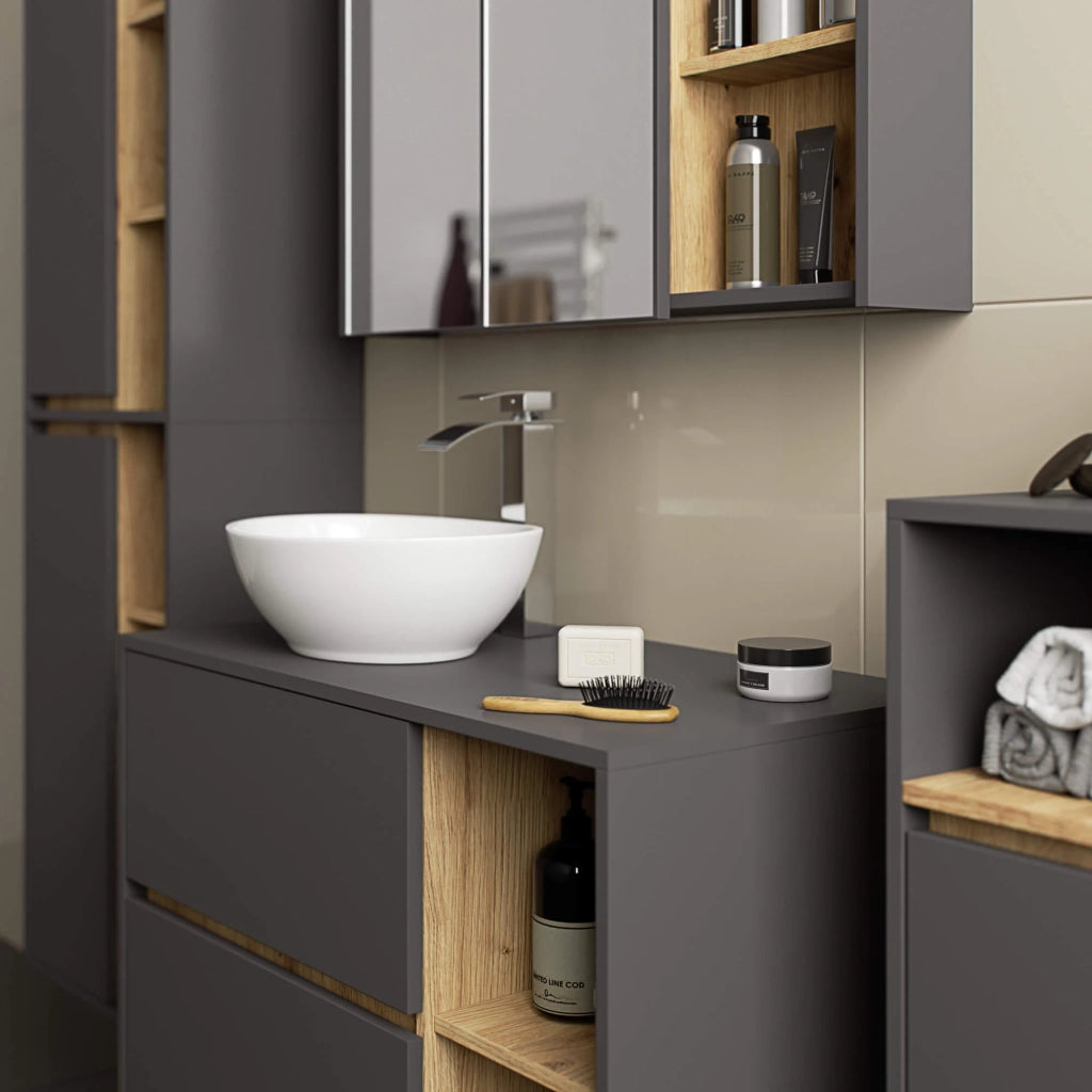 Pensile bagno con specchio VAMI Grigio Grafite, Rovere Artisan 90 cm 2 ante 90x15x75 cm