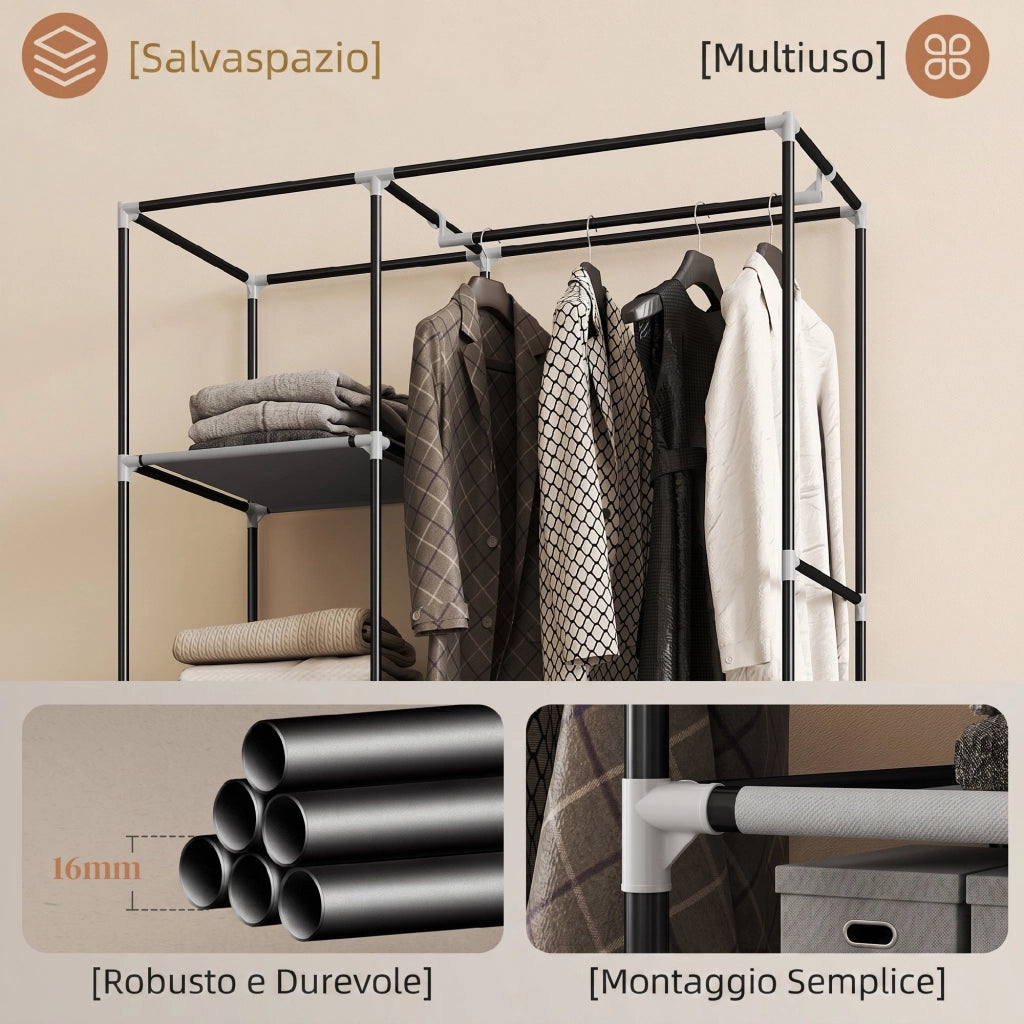 Armadio Portatile 103x43x162,5 cm con Ruote 6 Ripiani Aperti in Tessuto non Tessuto e Acciaio Grigio Chiaro