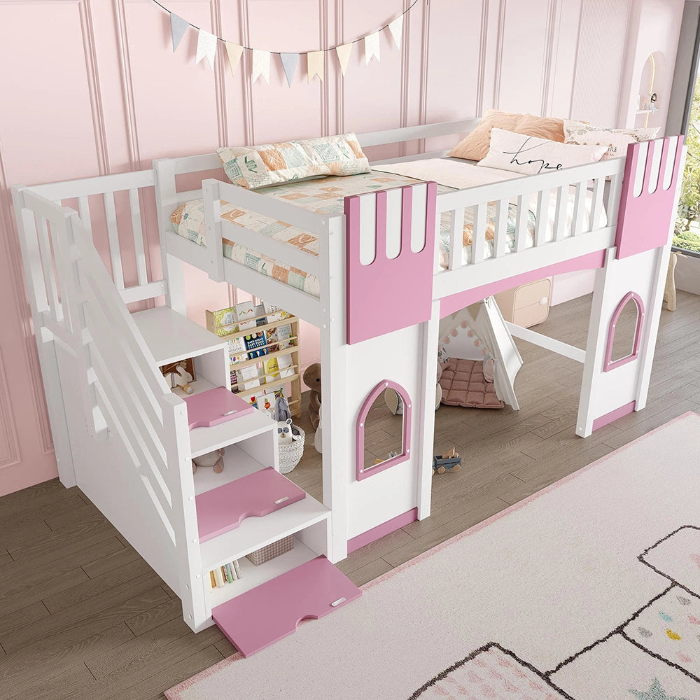 Letto mezzanino 90x200cm?- Xylo - scala finestra bianco/rosa