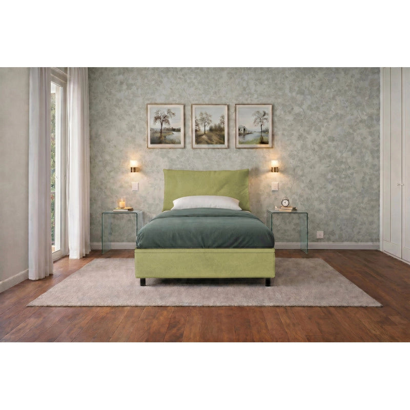 Letto imbottito Singolo 80x200 cm Soft - Contenitore,Microfibra,Tè verde