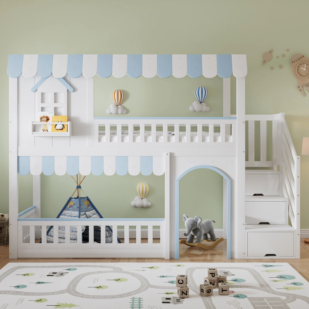 Letto a castello con scalinata e contenitore in legno massello e MDF 90x200 cm
