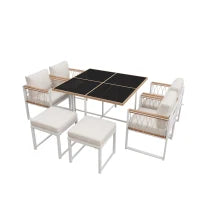 Set da pranzo da esterno a 7 pezzi con tavolo in vetro temperato, intreccio in rattan, cuscini, per 6 persone, Nero e Bianco