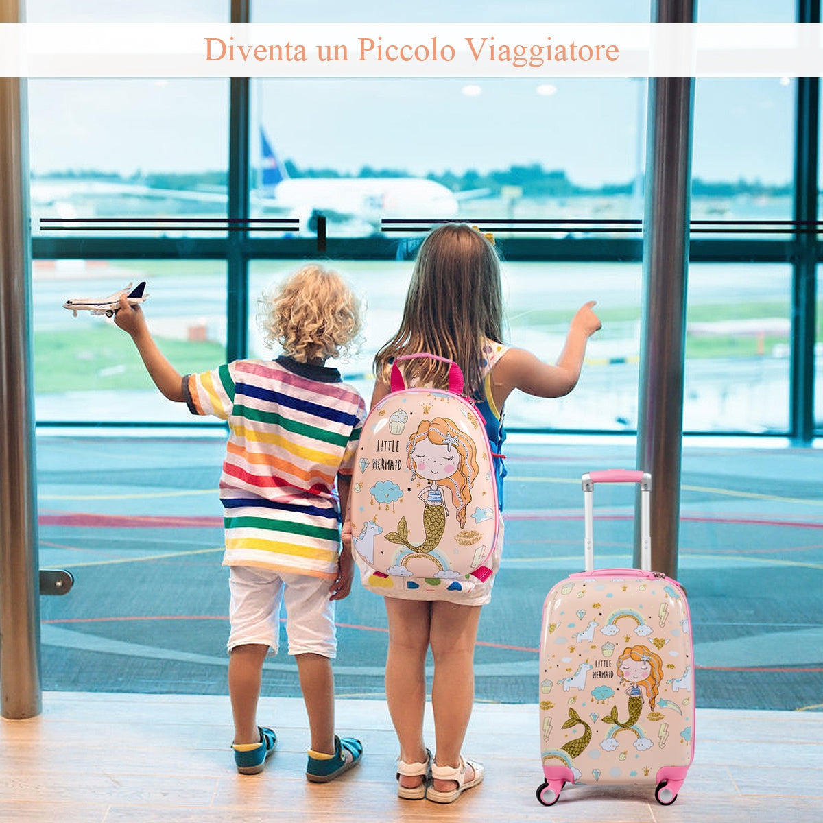 Set 2 pezzi Bagagli per bambini da viaggio con ruote girevole girevole 18" Trolley bimbo + 12" zaino con disegni di Serena-Bagagli e borse