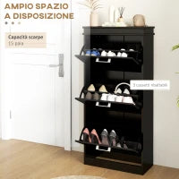 Scarpiera Moderna con 3 Cassetti Ribaltabili per 15 Paia di Scarpe e Ripiano Regolabile, 54x24x117.5cm, Nero