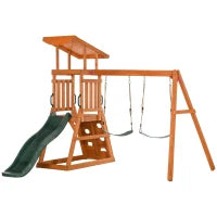 Set con Scivolo, 2 Altalene da Giardino e Parete da Arrampicata in Legno per Bambini Età 3-8 Anni