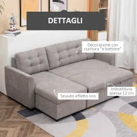 Divano Letto 3 Posti con Chaise Longue Contenitore in Tessuto, 217x134x85cm, Grigio