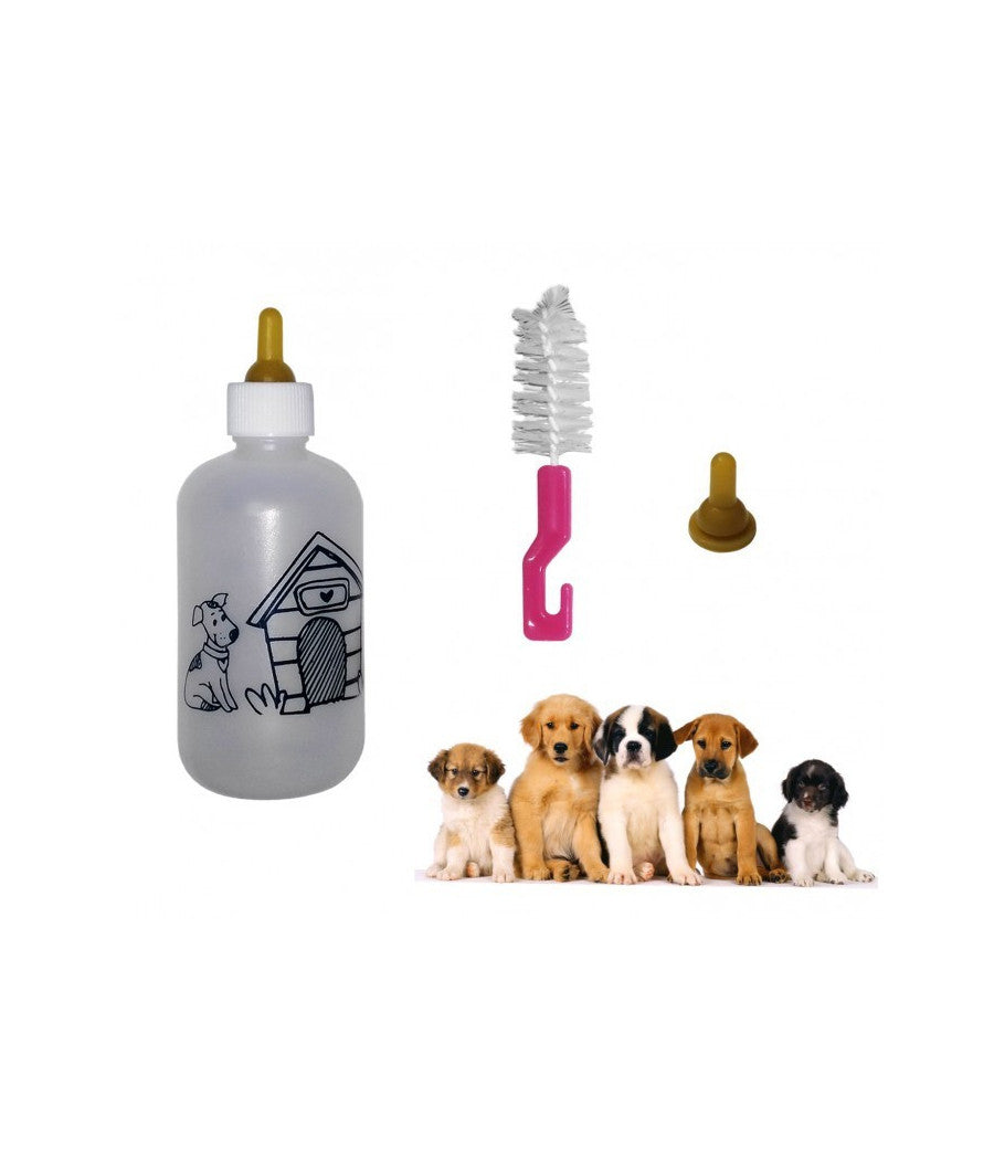 Biberon Per Cuccioli Cane E Gatto 120ml Con Doppia Tettarella E Spazzola Pulizia         