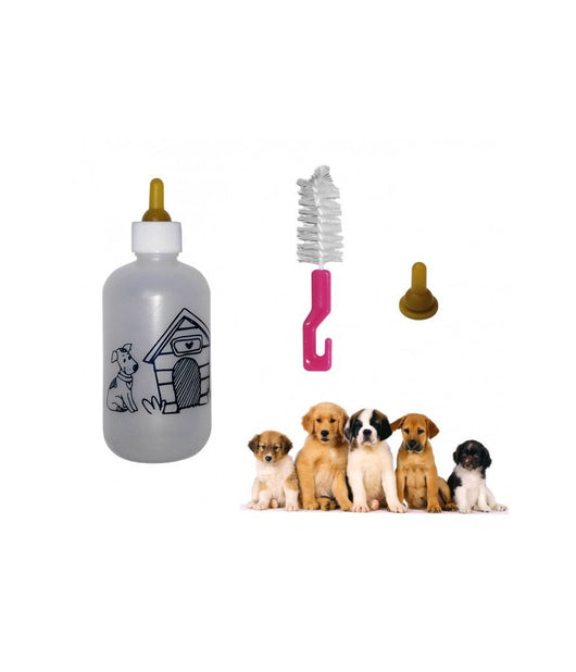 Biberon Per Cuccioli Cane E Gatto 120ml Con Doppia Tettarella E Spazzola Pulizia         