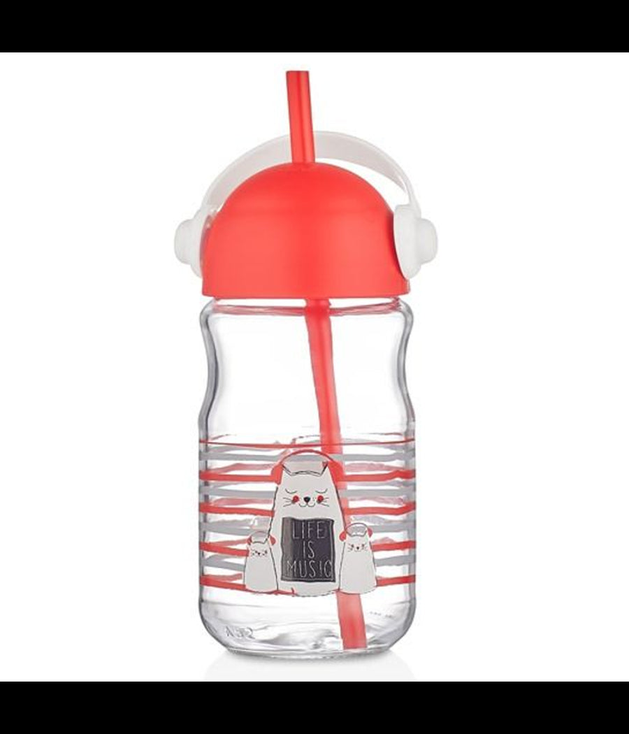 Bicchiere In Vetro Con Cannuccia Bambini Con Coperchio E Manico Colorato 370 Cc         