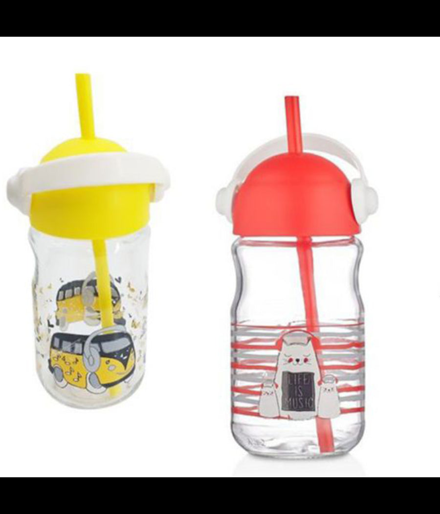 Bicchiere In Vetro Con Cannuccia Bambini Con Coperchio E Manico Colorato 370 Cc         