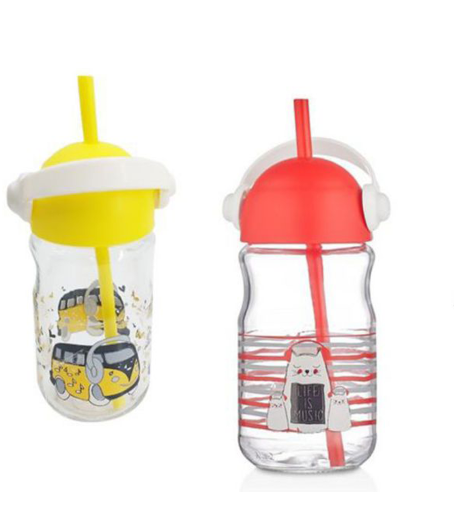 Bicchiere In Vetro Con Cannuccia Bambini Con Coperchio E Manico Colorato 370 Cc         