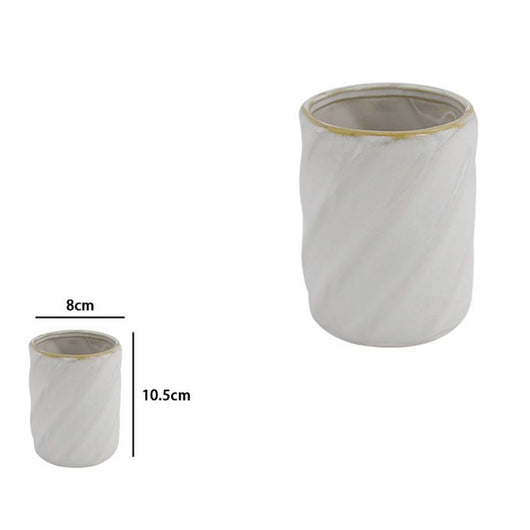 Trade Shop - Bicchiere Porta Spazzolini Ceramica Rigato Obbliquo Bianco Bordo Oro Arredo Bagno 87799         