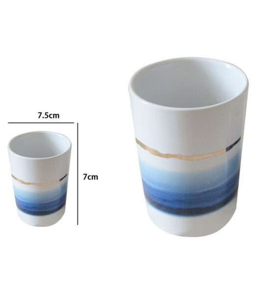 Bicchiere Porta Spazzolini Con Sfumature Blu Azzurre Riga Oro Arredo Bagno 59866         