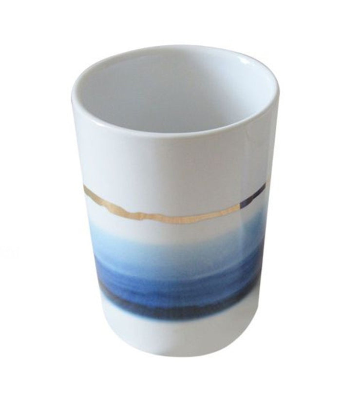 Bicchiere Porta Spazzolini Con Sfumature Blu Azzurre Riga Oro Arredo Bagno 59866         