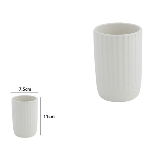 Trade Shop - Bicchiere Porta Spazzolini Dentifricio Arredo Bagno In Ceramica Rigata Bianca 87803         