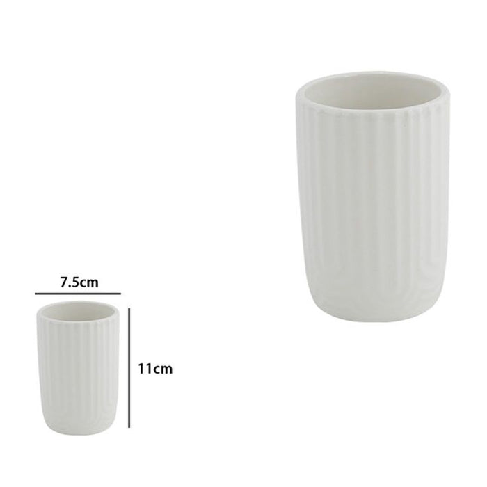 Trade Shop - Bicchiere Porta Spazzolini Dentifricio Arredo Bagno In Ceramica Rigata Bianca 87803         