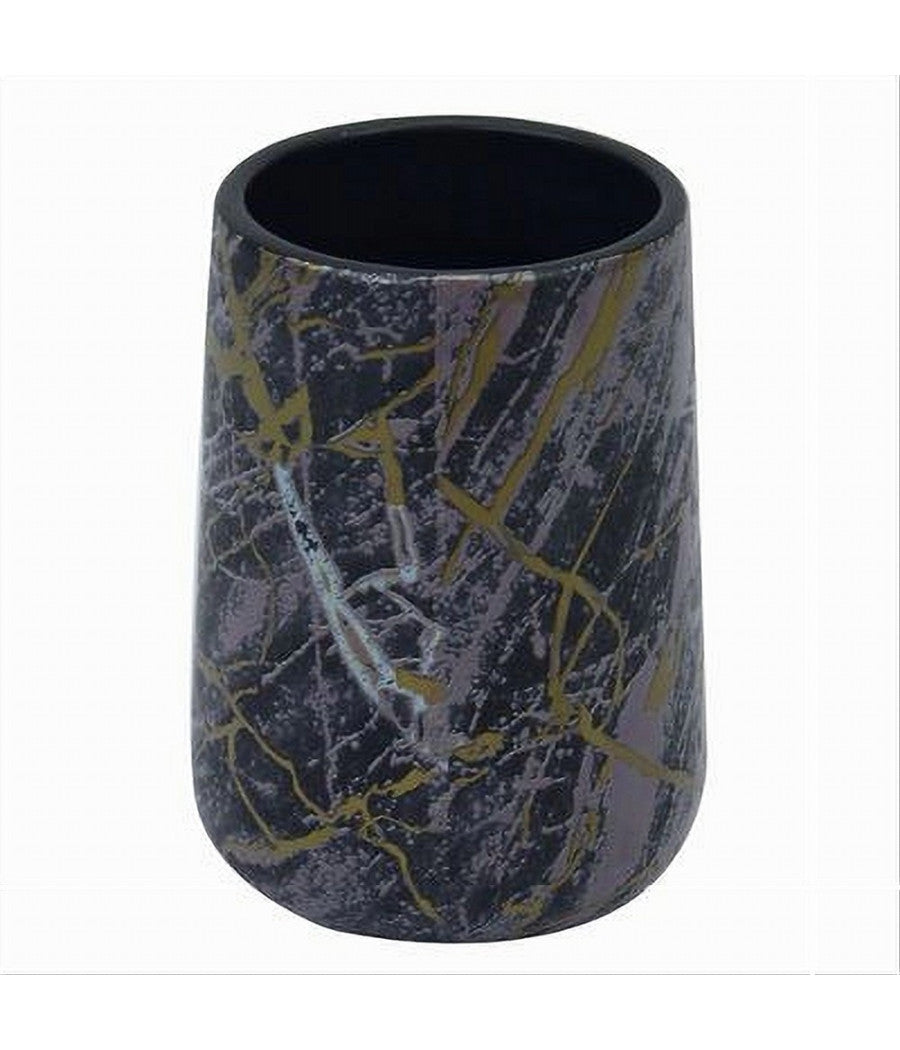 Bicchiere Porta Spazzolini Dentifricio Bagno Effetto Marmorizzato Nero Oro 59892         