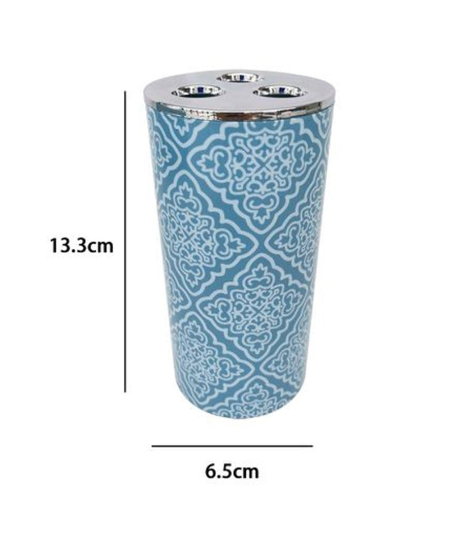 Bicchiere Porta Spazzolino A 3 Fori Accessorio Bagno Celeste Con Maioliche 87027         