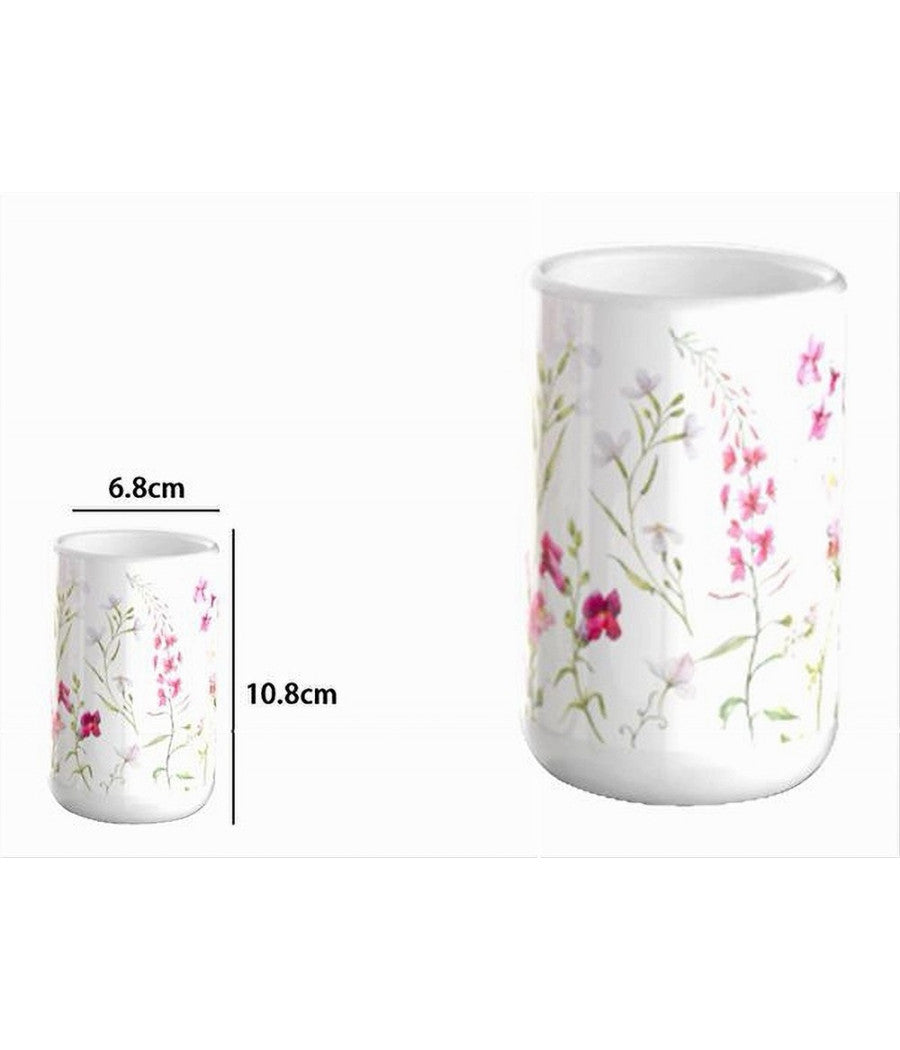 Bicchiere Porta Spazzolino Bianco Con Fiori In Ceramica Accessorio Bagno 69918         