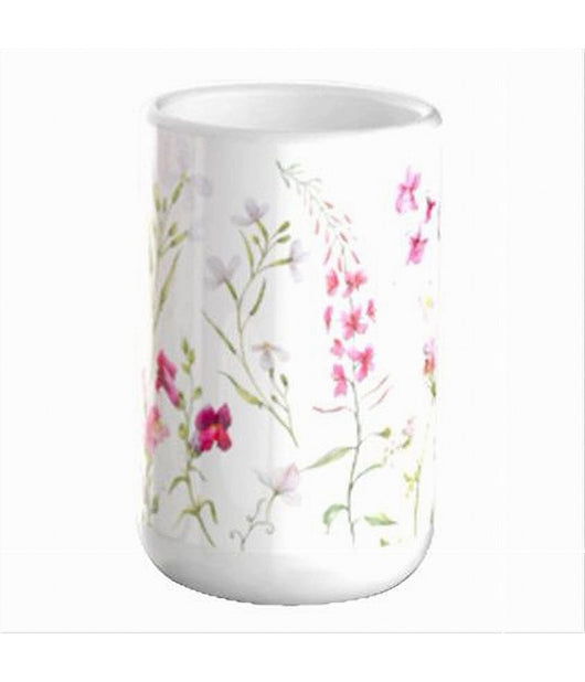 Bicchiere Porta Spazzolino Bianco Con Fiori In Ceramica Accessorio Bagno 69918         