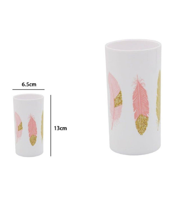 Bicchiere Porta Spazzolino Con Piume Bianco In Plastica Accessorio Bagno 69799         