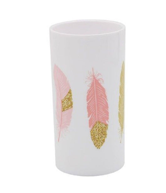 Bicchiere Porta Spazzolino Con Piume Bianco In Plastica Accessorio Bagno 69799         