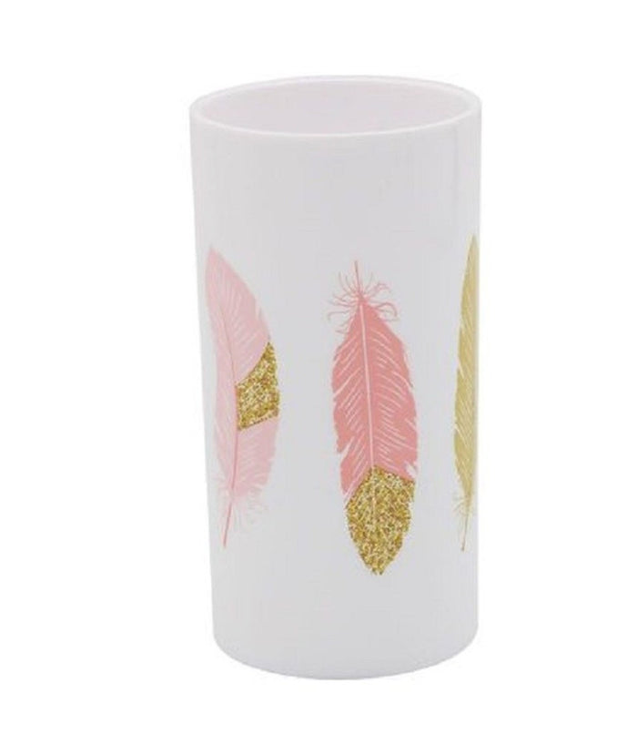Bicchiere Porta Spazzolino Con Piume Bianco In Plastica Accessorio Bagno 69799         