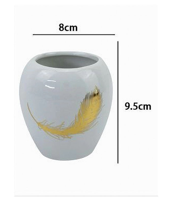Bicchiere Portaspazzolini In Ceramica Bianca Con Piuma Oro Accessori Bagno 59895         