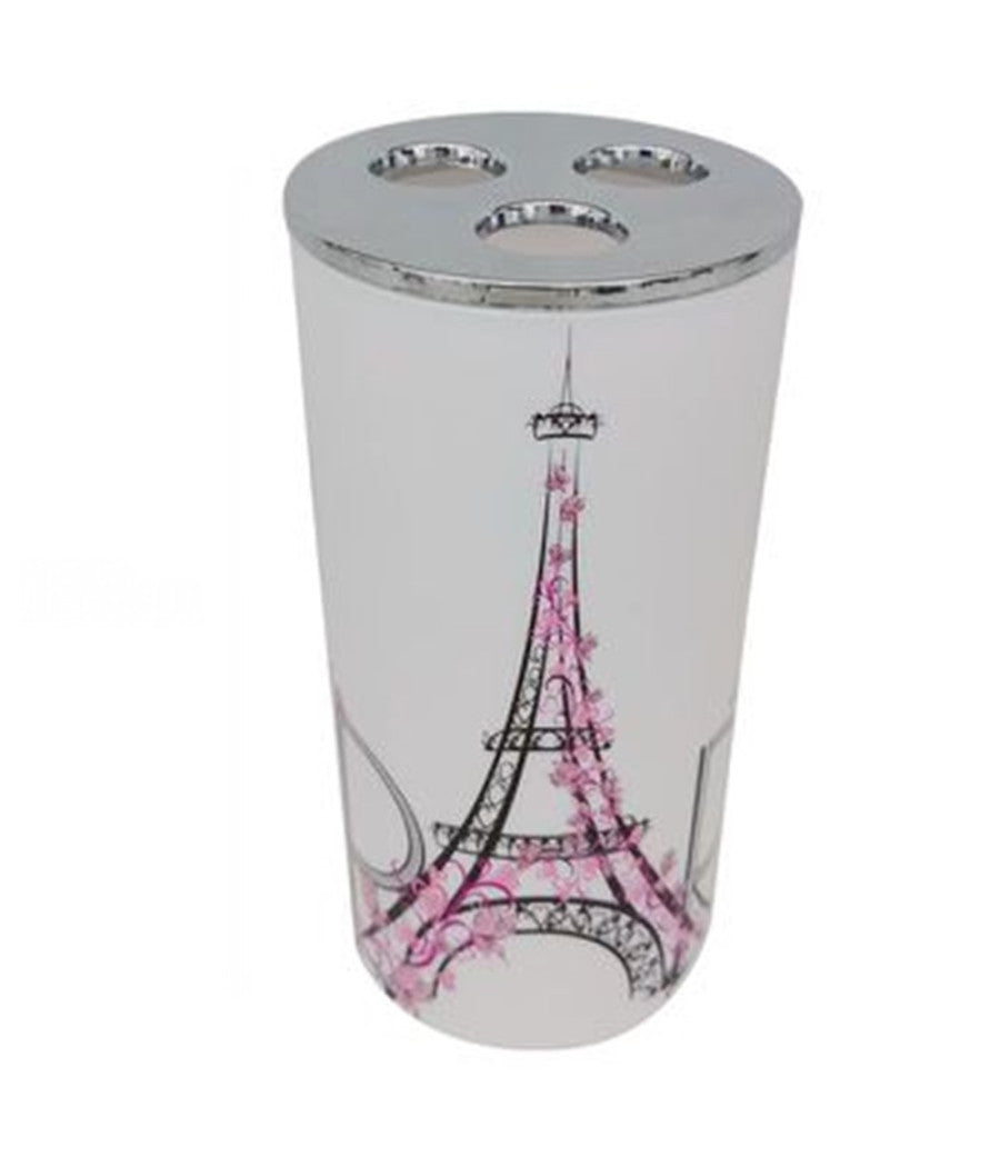 Bicchiere Portaspazzolino A 3 Fori Decorato Scritta Paris Accessorio Bagno 87041         