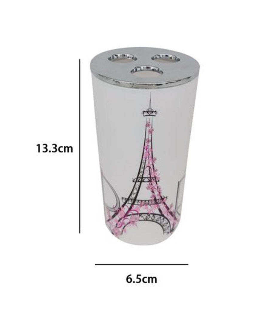 Bicchiere Portaspazzolino A 3 Fori Decorato Scritta Paris Accessorio Bagno 87041         