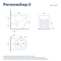 Sanitari filomuro in ceramica bianco opaco vaso rimless con copriwc soft-close e bidet | Europa