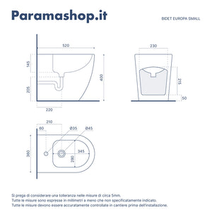 Sanitari filomuro ceramica bianco lucido vaso rimless copriwc soft-close e bidet | Europa Small