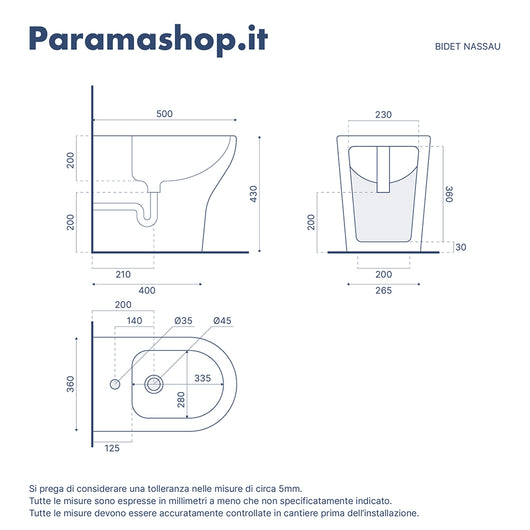 Sanitari filomuro rimless in ceramica bianco lucido: vaso bidet e copriwc soft-close | Nassau