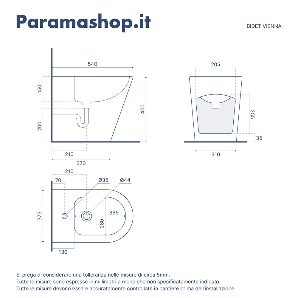 Sanitari filomuro in ceramica rimless bianco lucido: vaso, bidet e copriwc soft-close | Vienna
