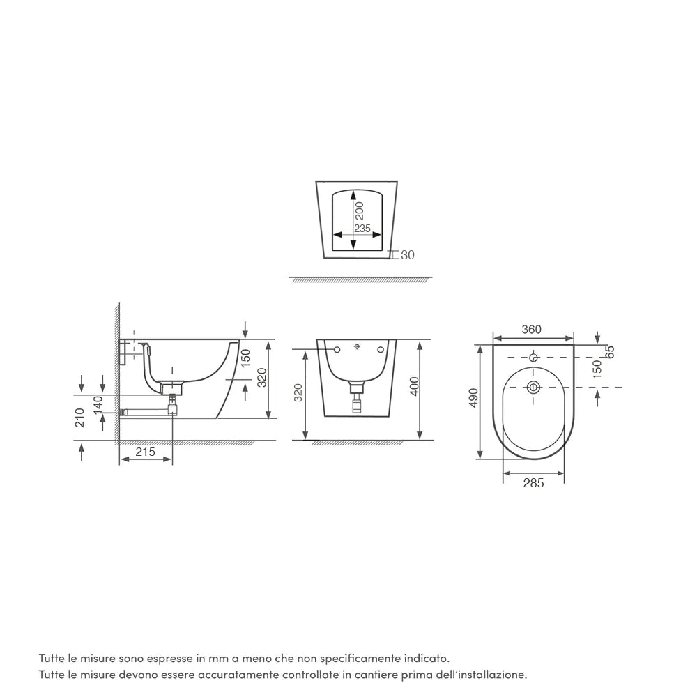 Coppia di sanitari sospesi in ceramica bianco opaco vaso rimless con copriwc soft-close e bidet | Europa Small