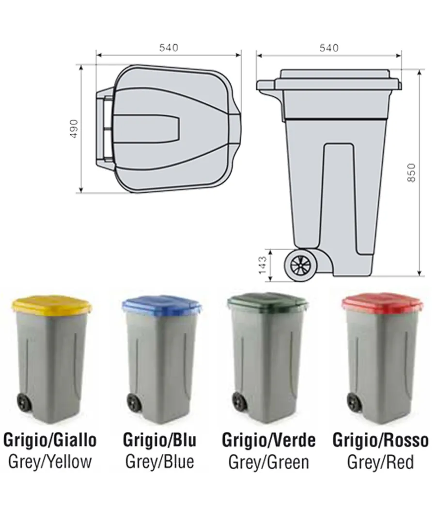 Trade Shop - Bidone Raccolta Differenziata 100 Litri Con Coperchio Colorato E Ruote 1 Solo Pz - Rosso